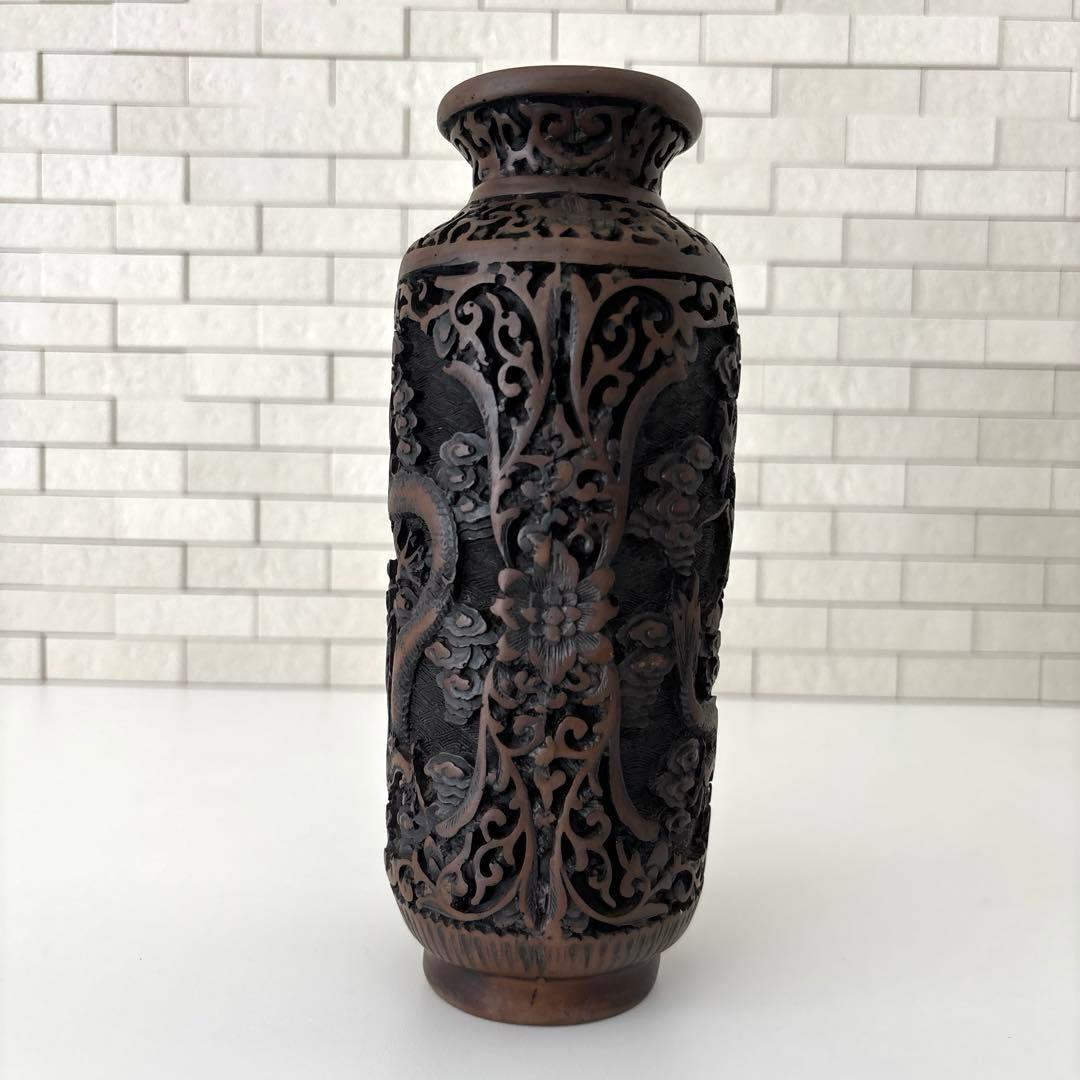 龍　花瓶　黒色花瓶　ドラゴン彫刻　一輪挿し　アンティーク　縁起物骨董品
