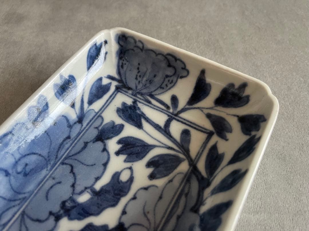 江戸中期 古伊万里 牡丹 長角皿 富貴長春