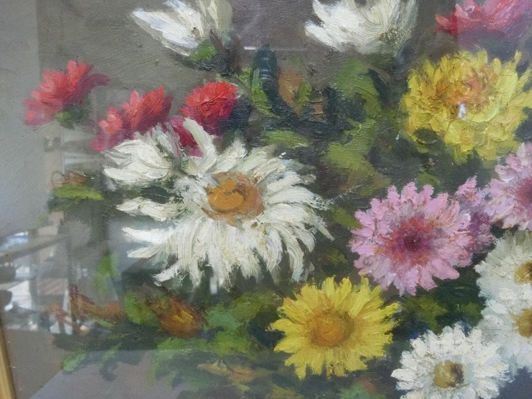 飾り映え！【 絵画　額絵　菊花図　1976　サイン入】★掛軸　壁掛け　鑑賞　色絵