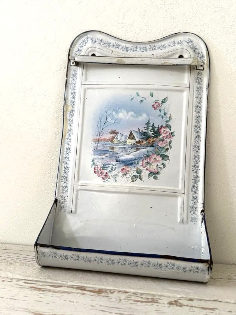 フランスアンティーク ホーローレードルラック花と風景の手描き絵 ハンドペイント