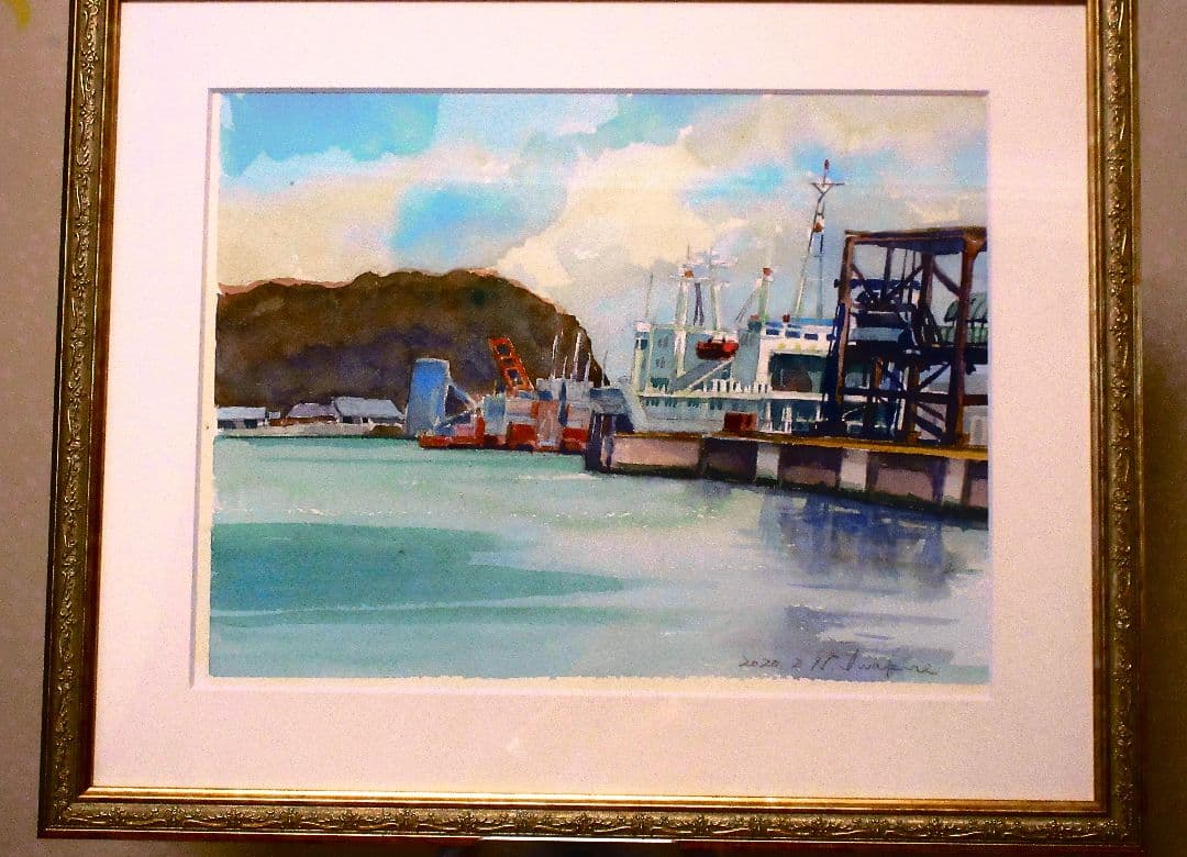 港の風景 水彩画額装済み F6サイズ