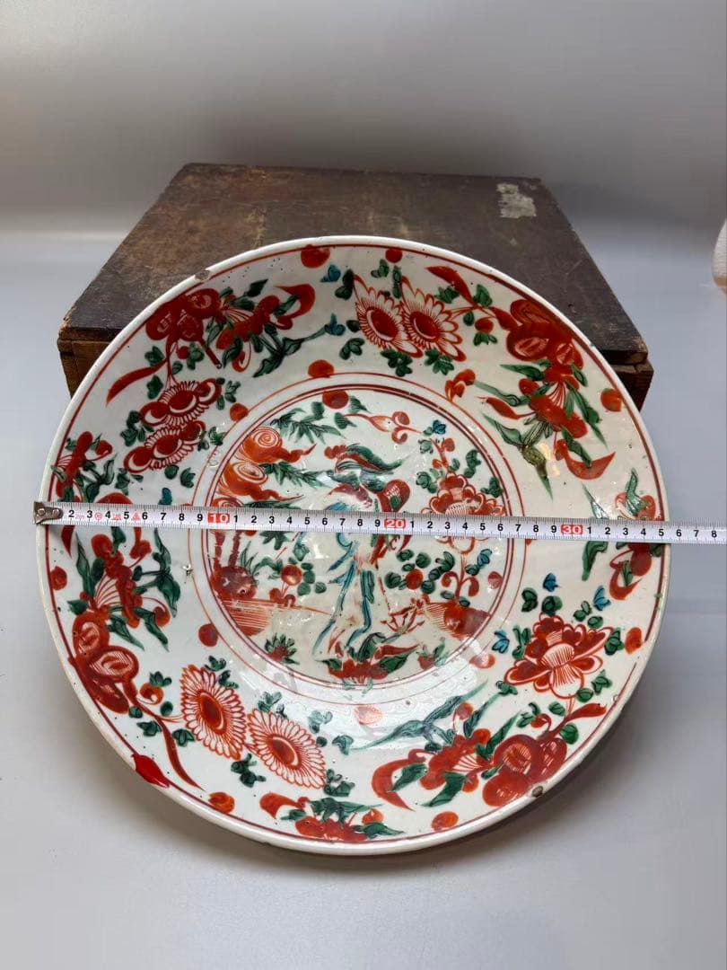 DT518 中国美術 呉須赤絵 鳳花紋皿 35.5cm 明末期 美品