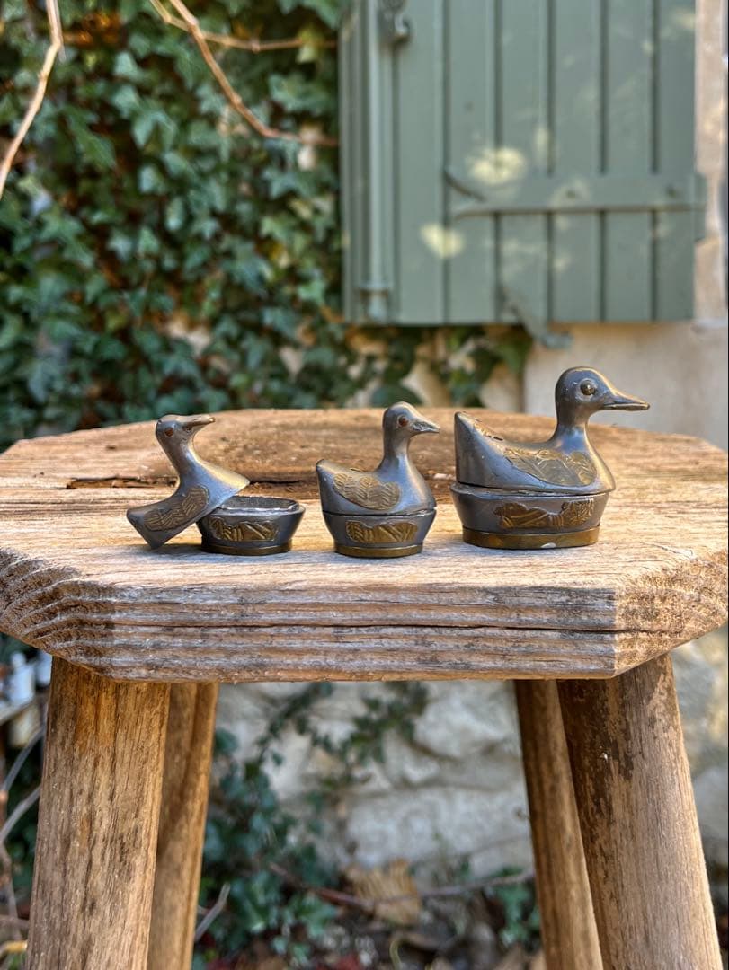 ◆フランスアンティーク｜ピューター製アヒル小物入れセット手作り小鳥錫ミニオブジェ