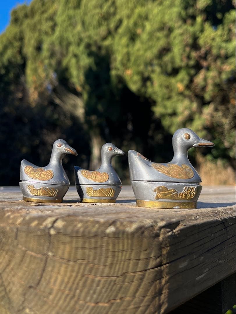 ◆フランスアンティーク｜ピューター製アヒル小物入れセット手作り小鳥錫ミニオブジェ