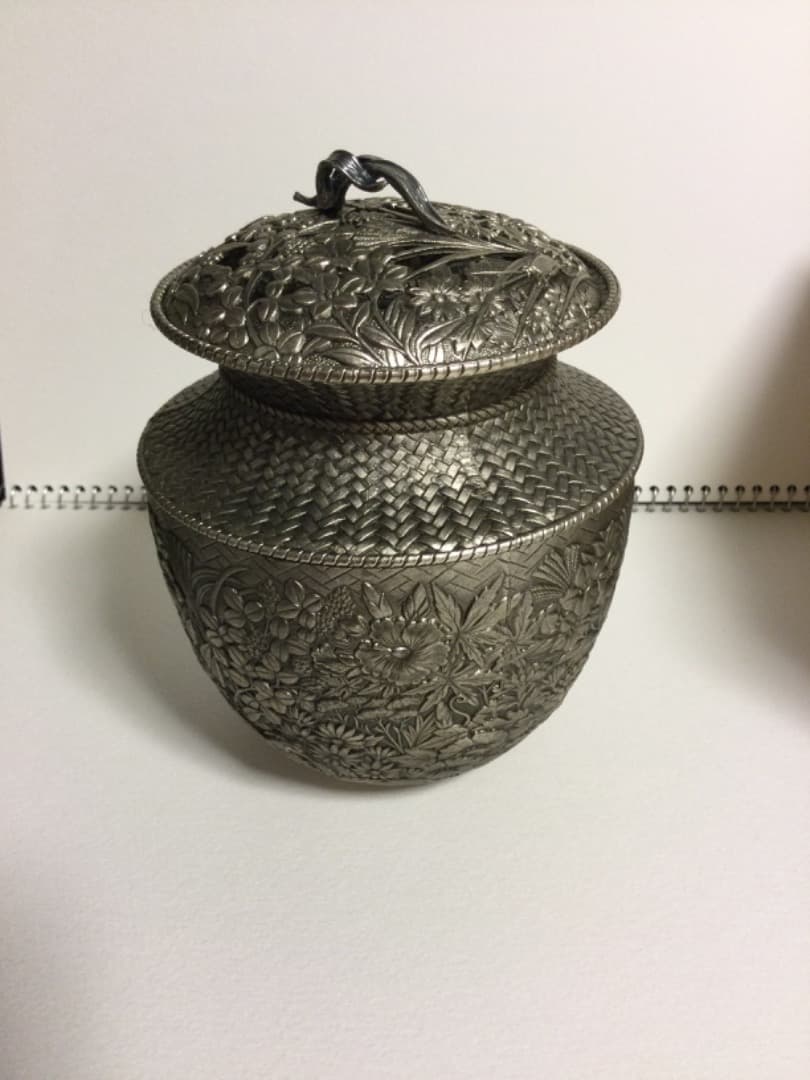 錫栄　香炉　白銅　錫製　七葉