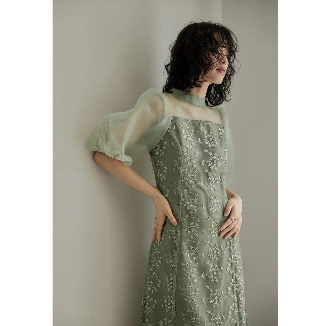 美品 niana ニアナ オーガンジーパフスリーブ刺繍レースドレス パーティー