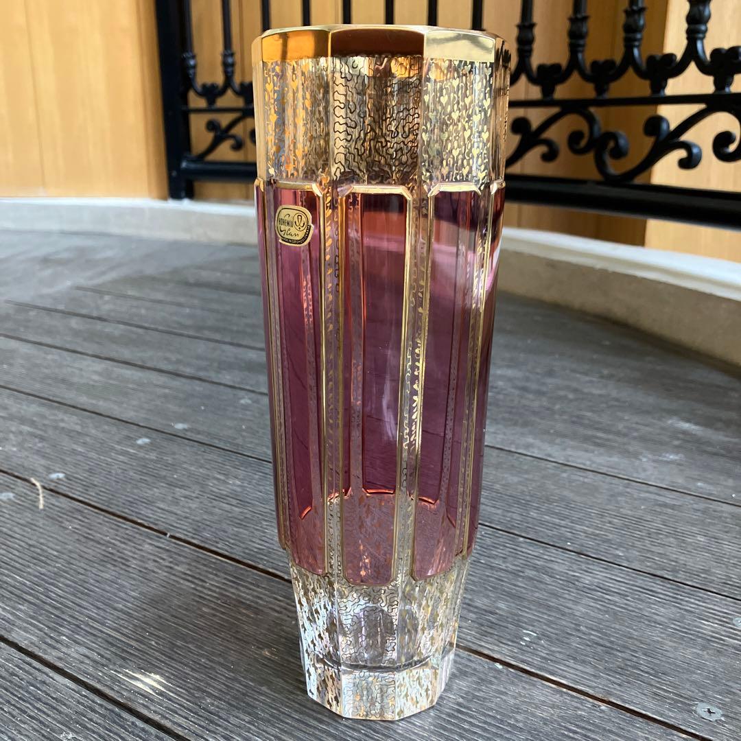Bohemia ボヘミアガラス パネル花瓶　金彩 レリーフ フラワーベース