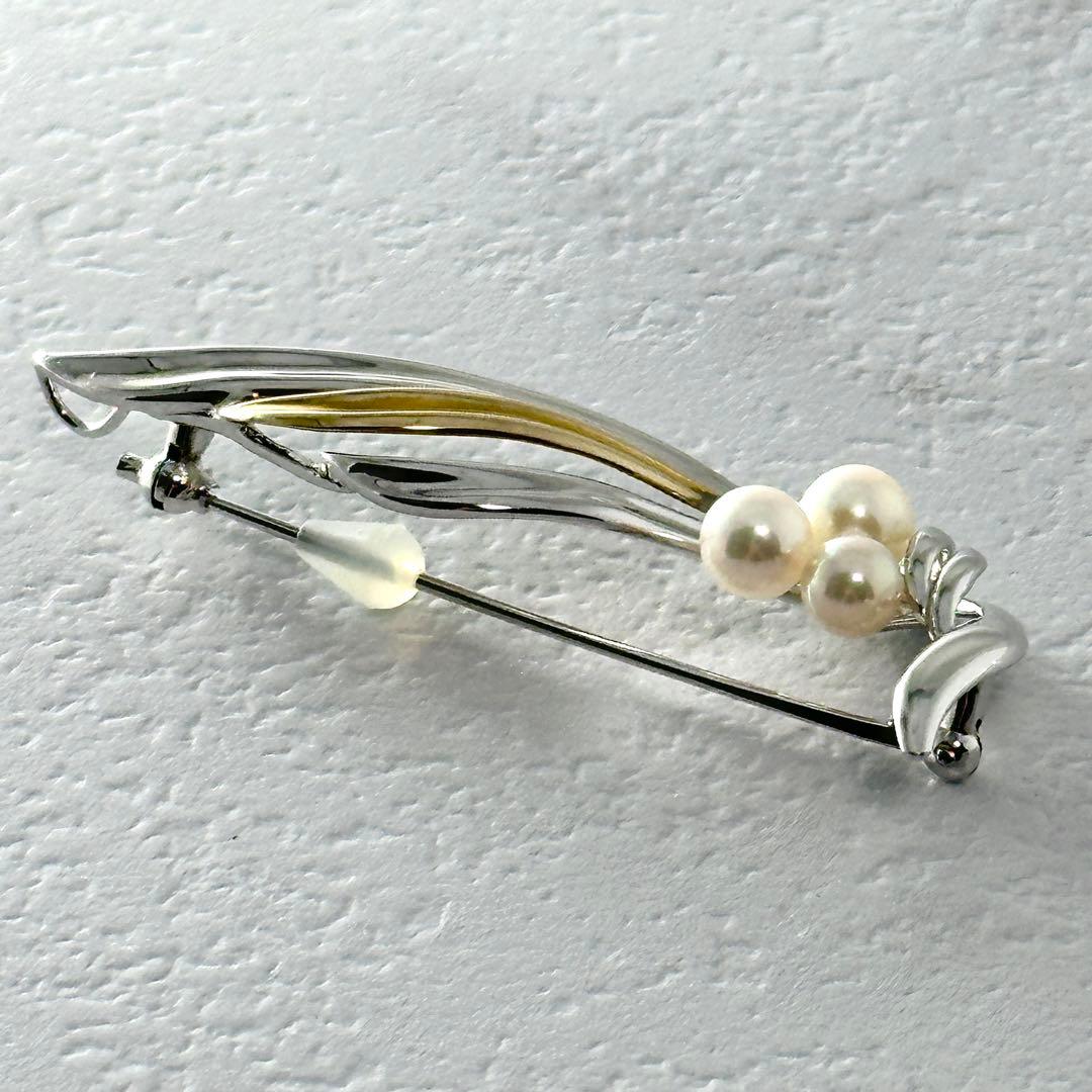 TASAKI　タサキ　3珠　パール付　コンビ　ブローチ　シルバー　K18