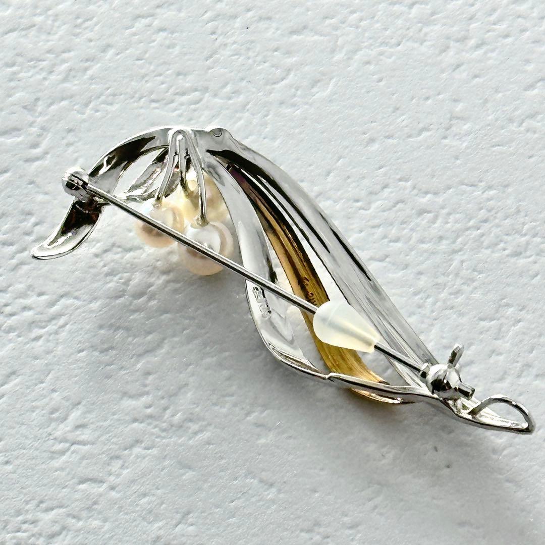 TASAKI　タサキ　3珠　パール付　コンビ　ブローチ　シルバー　K18