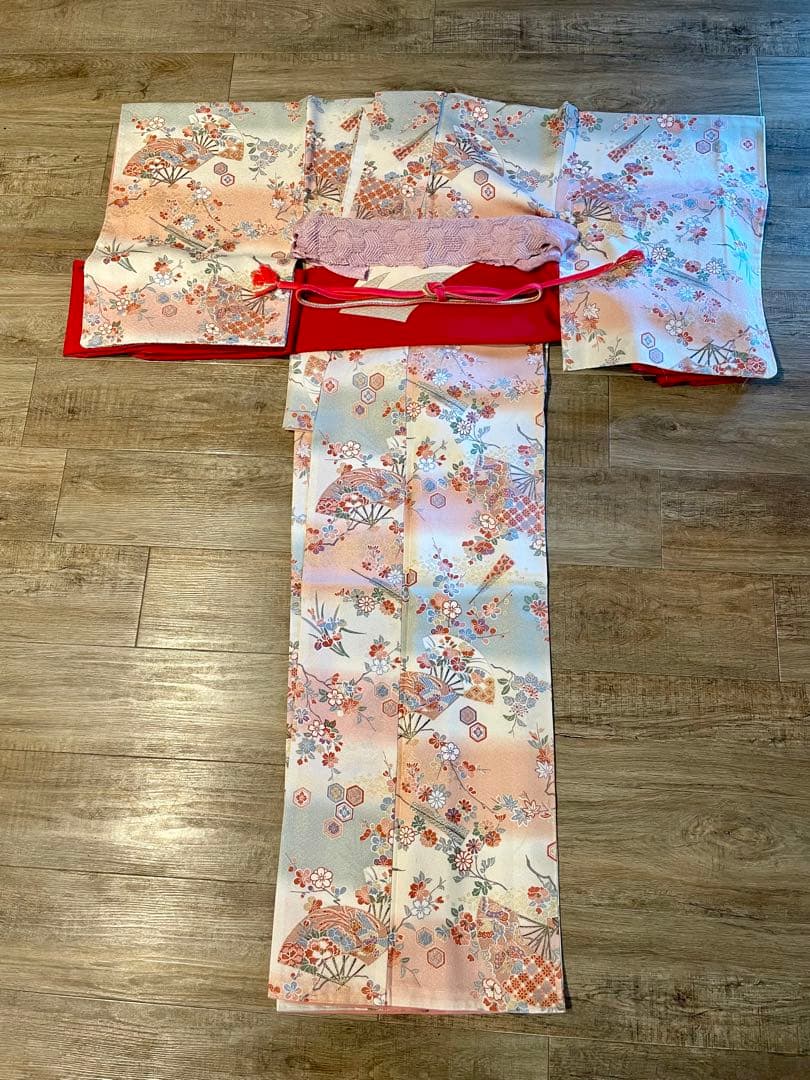 高島屋 花柄 小紋 着物（はぎれ付）と帯・帯揚げ・帯締セット