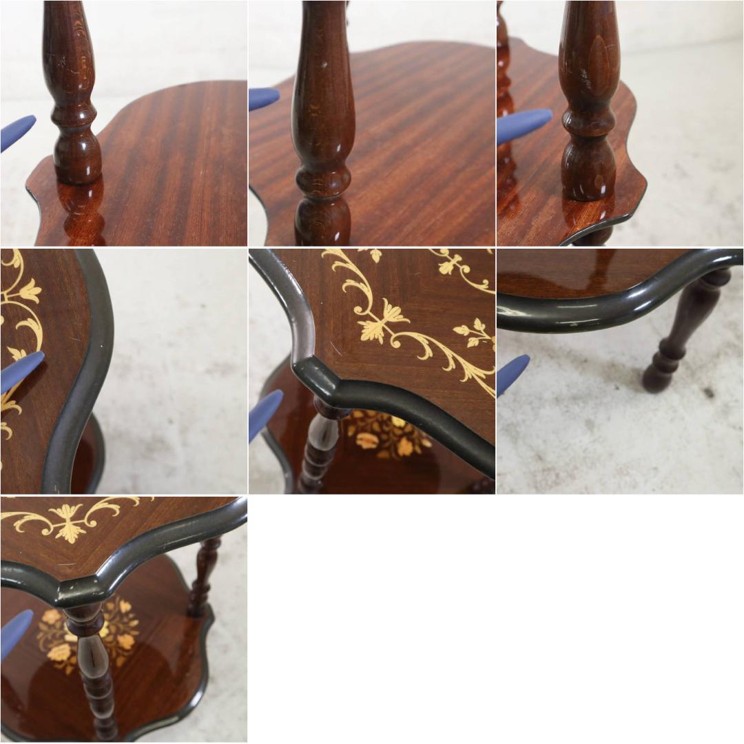 値下 イタリア製 クラシカル家具 象嵌装飾 ラウンドサイドテーブル 棚板付き