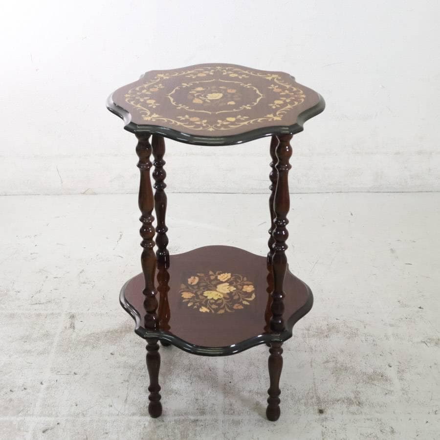 値下 イタリア製 クラシカル家具 象嵌装飾 ラウンドサイドテーブル 棚板付き