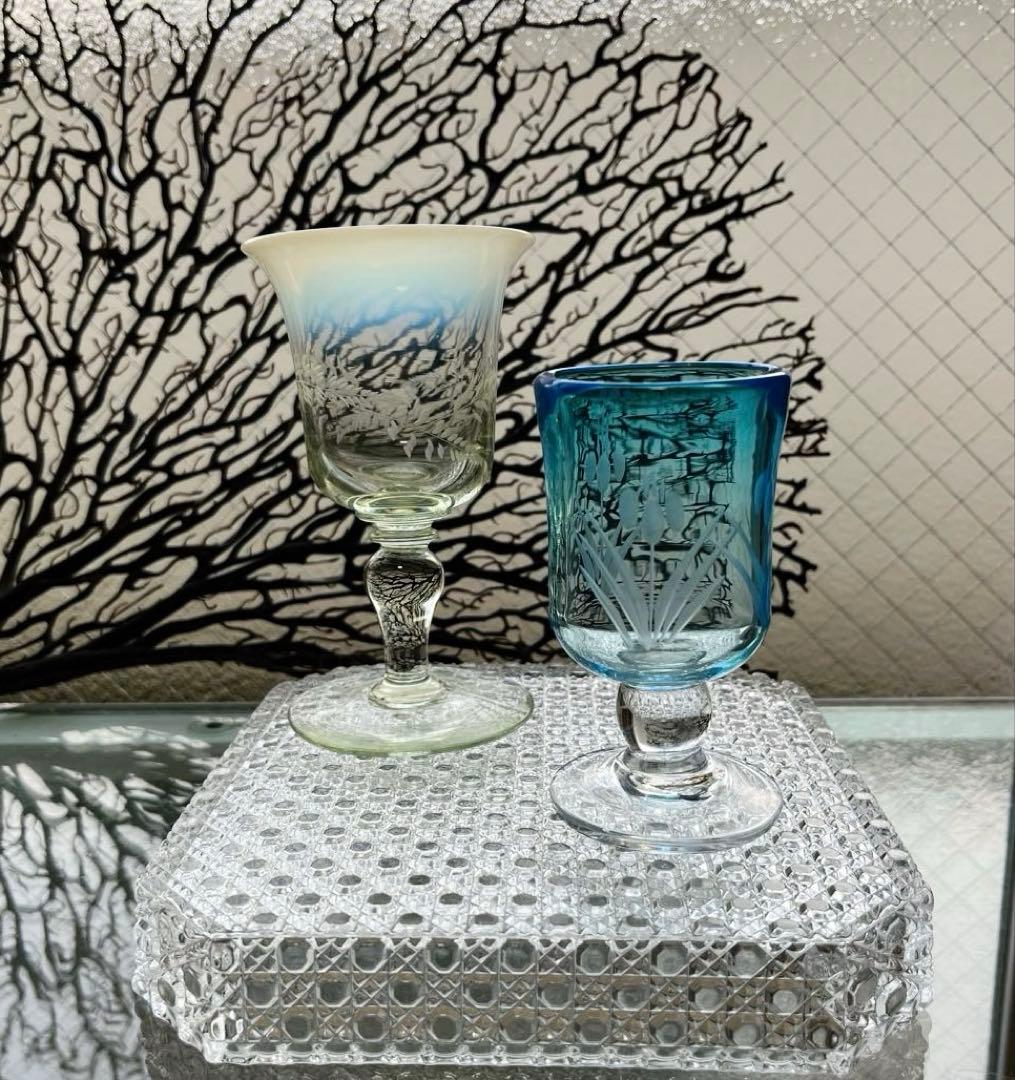 骨董　時代ガラス　青被せ　希少　菖蒲紋切子　ベル型氷コップ　ウラン１客