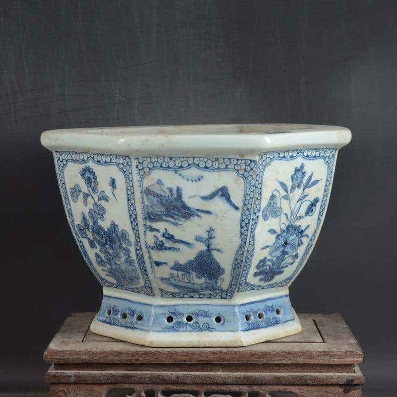 八方青花亭台楼高足鉢 景徳鎮 陶磁器 装飾品 現代工芸品 美術品 置物