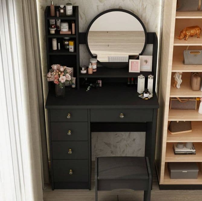 北欧風ドレッサー 円形女優ミラー 引き出し 5 杯 スツール付き 寝室化粧台