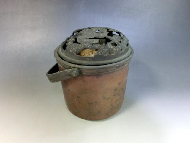 手炉■古銅製 手あぶり 手焙り 手火鉢 火入れ 火器 透かし火屋 雲竜 時代物■
