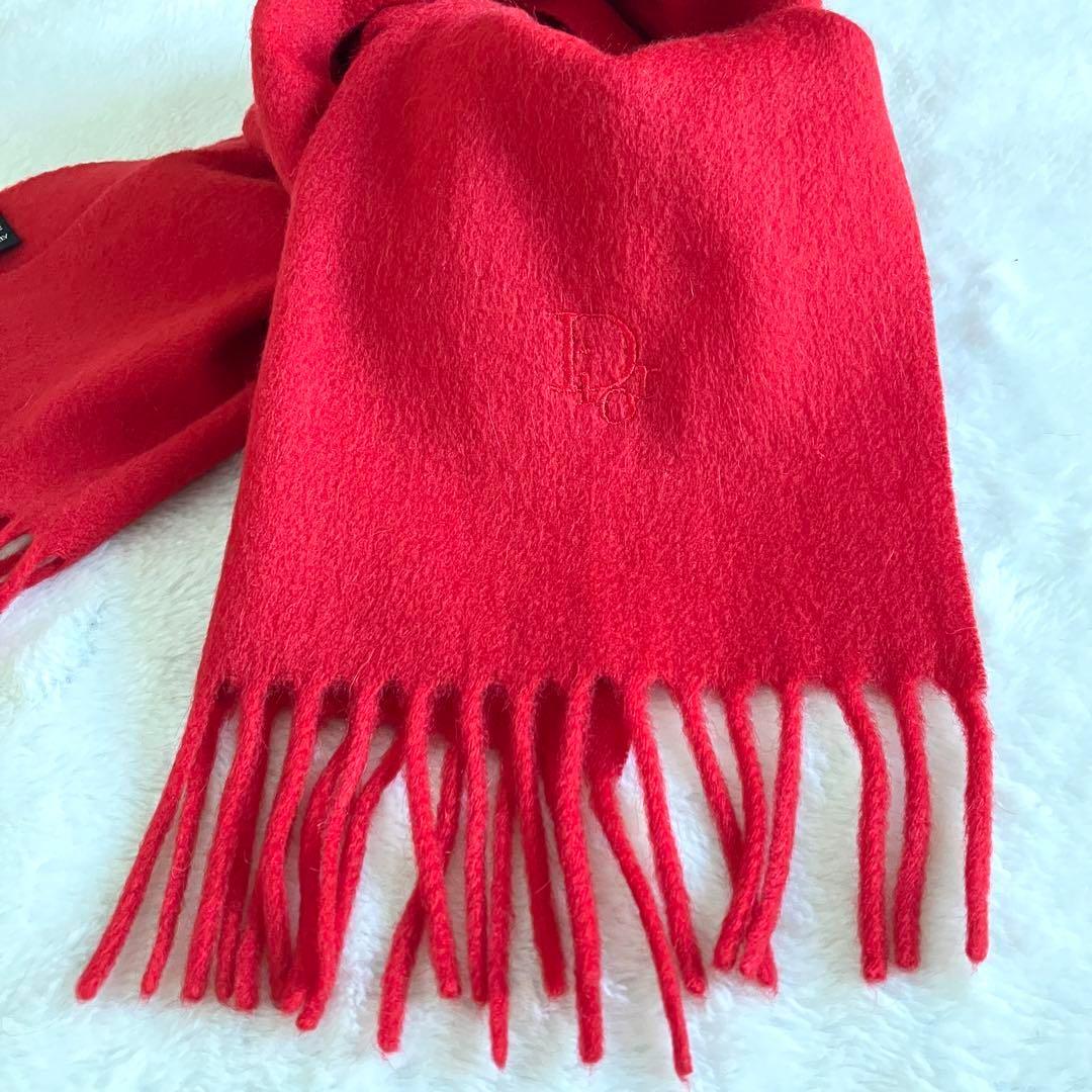 クリスチャンディオール カシミヤ100% ロゴ刺繍 フリンジマフラー レッド