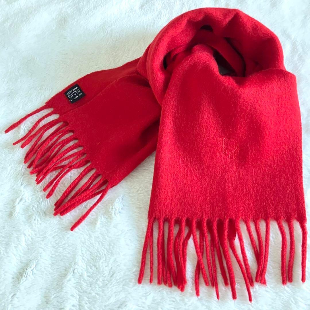 クリスチャンディオール カシミヤ100% ロゴ刺繍 フリンジマフラー レッド