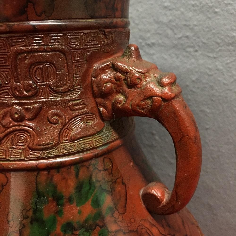 Y【中古】銅製花瓶 龍 飾り壺 青銅 耳付き 兼春作 双耳 古美術 アンティーク