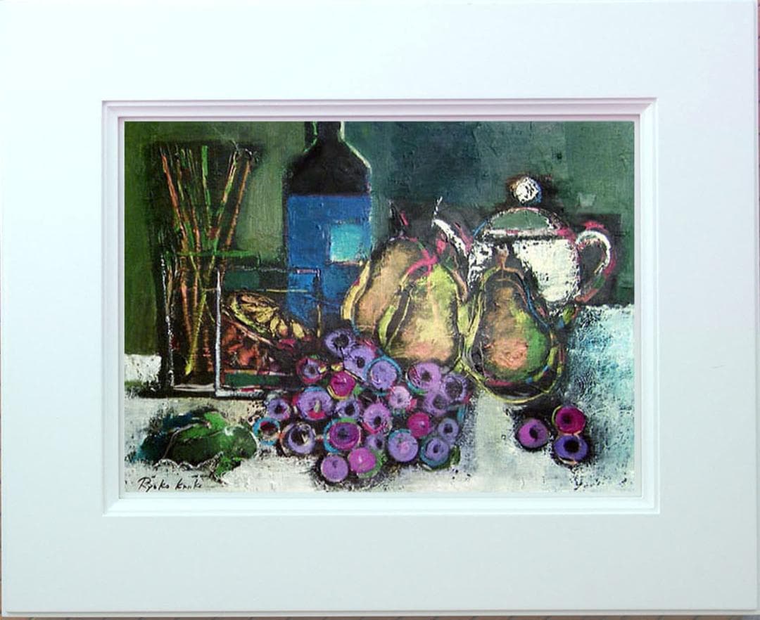 油絵 絵 絵画インテリア 額付(青緑＋金色の枠) uF6-061504 静物果物