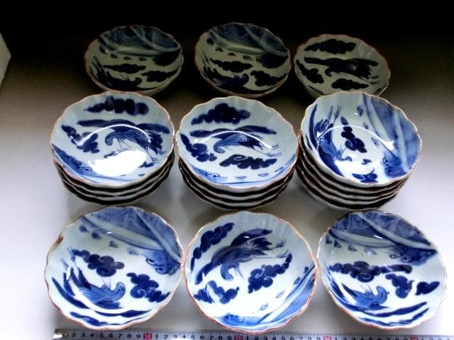 皿■古伊万里染付なます皿 19客 鶴 雲 鳥 蛇の目高台 古い膾皿 骨董品■
