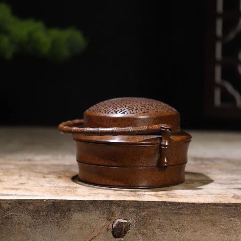 銅製 提梁暖手炉 竹節手提げ暖手炉 香炉 香道具 装飾品 工芸品 置物