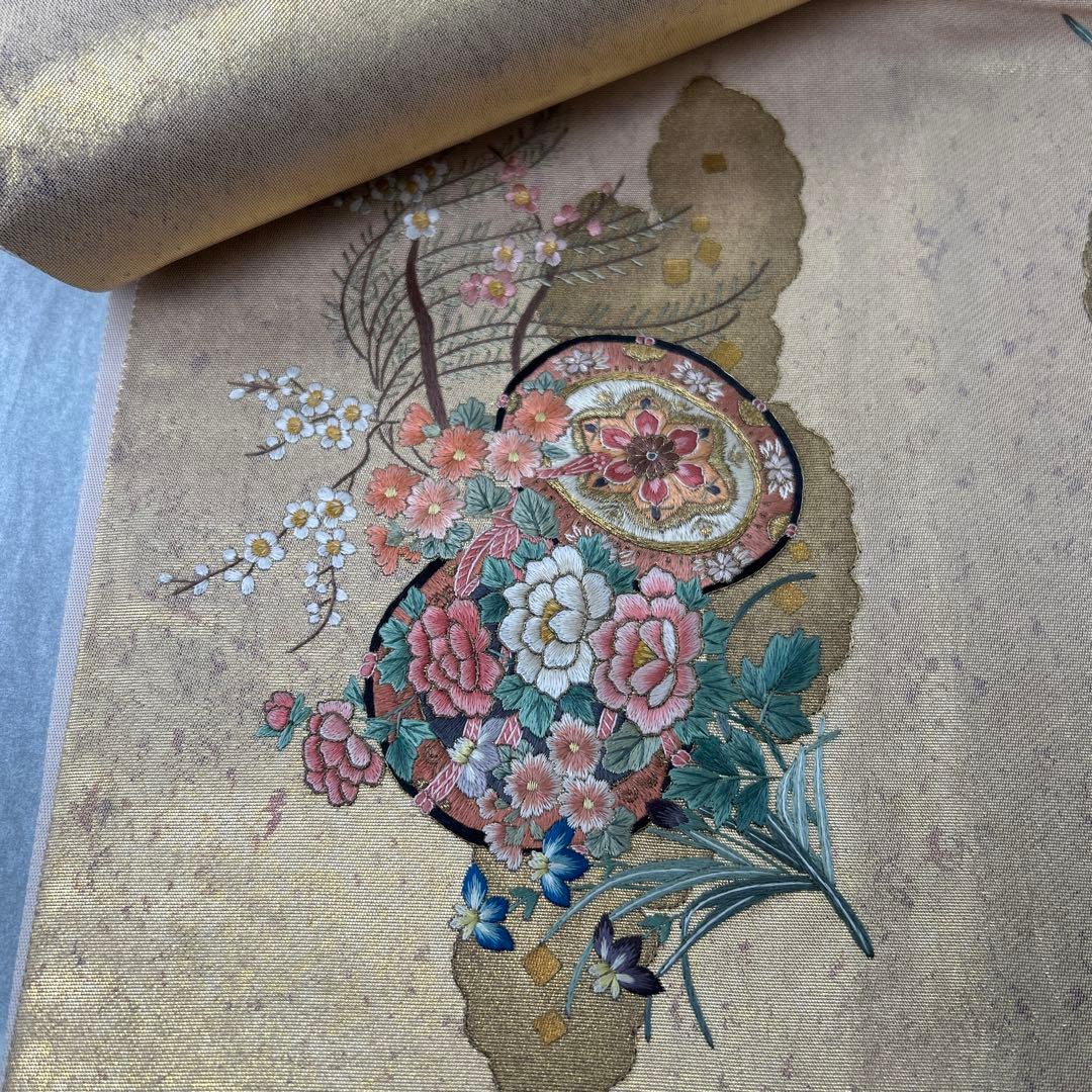 金色 花柄 袋帯1222