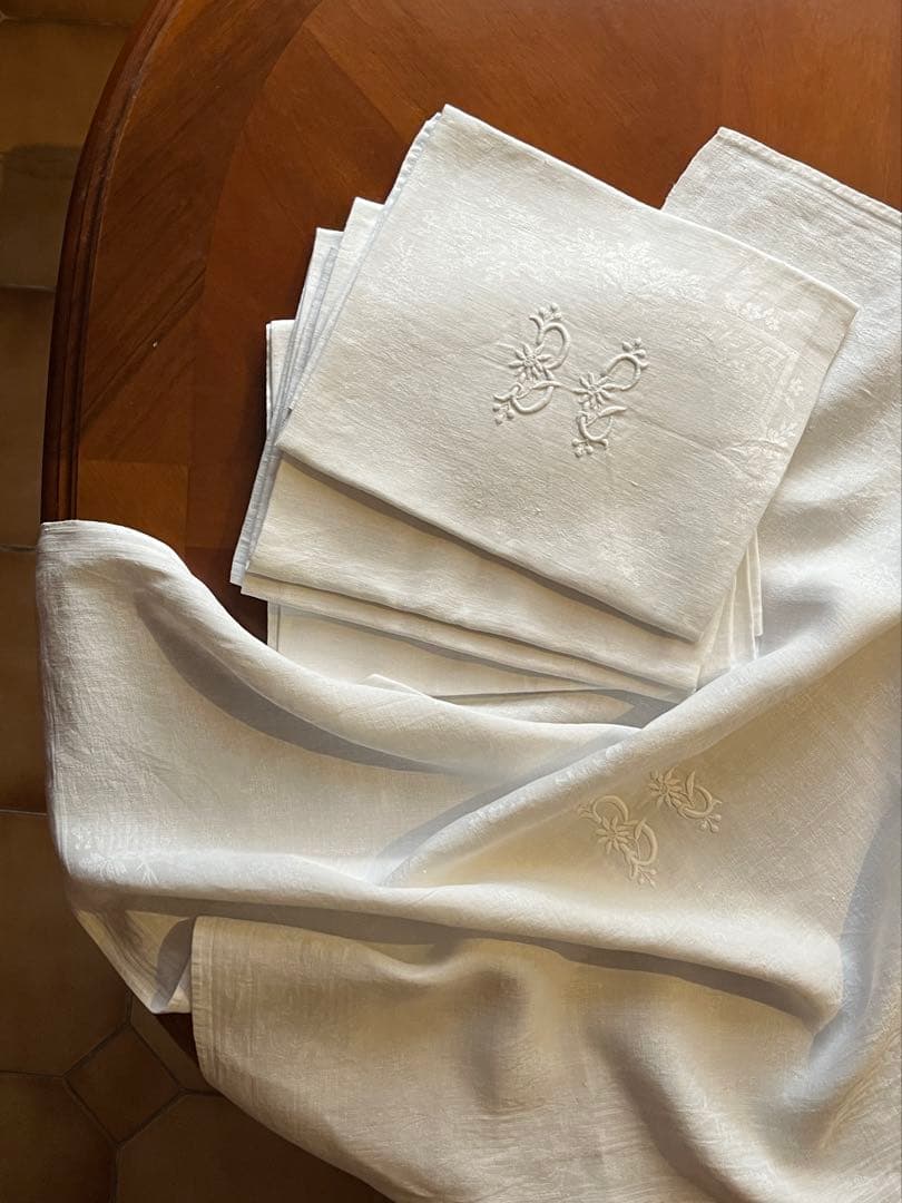 ◆フランスアンティーク｜イニシャル刺繍トーションセット、ダマスク織り白ナプキン