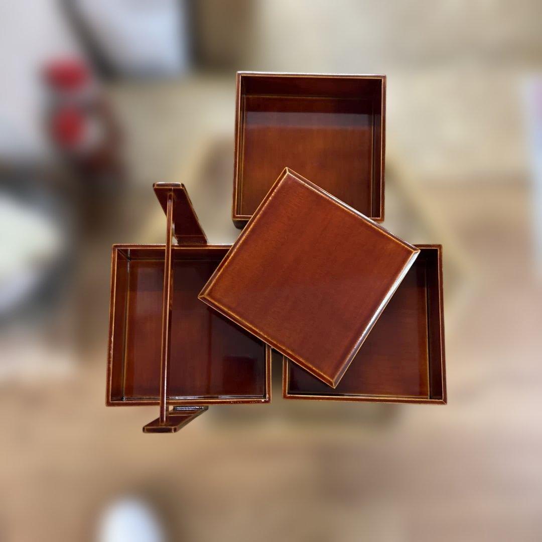 未使用　美品　伝統工芸 飛騨春慶塗 手提げ三段重 箱付き 天然木 漆器 お重