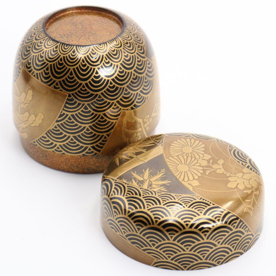 青海波に五君子蒔絵 中棗 松竹梅 内金梨子地 茶道具　M881