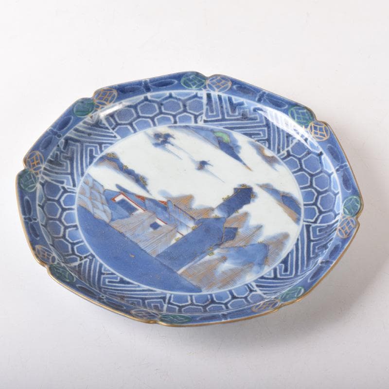 伊万里焼　古伊万里　富長貴春　染付　山水文　輪花皿　時代箱付　C　8264