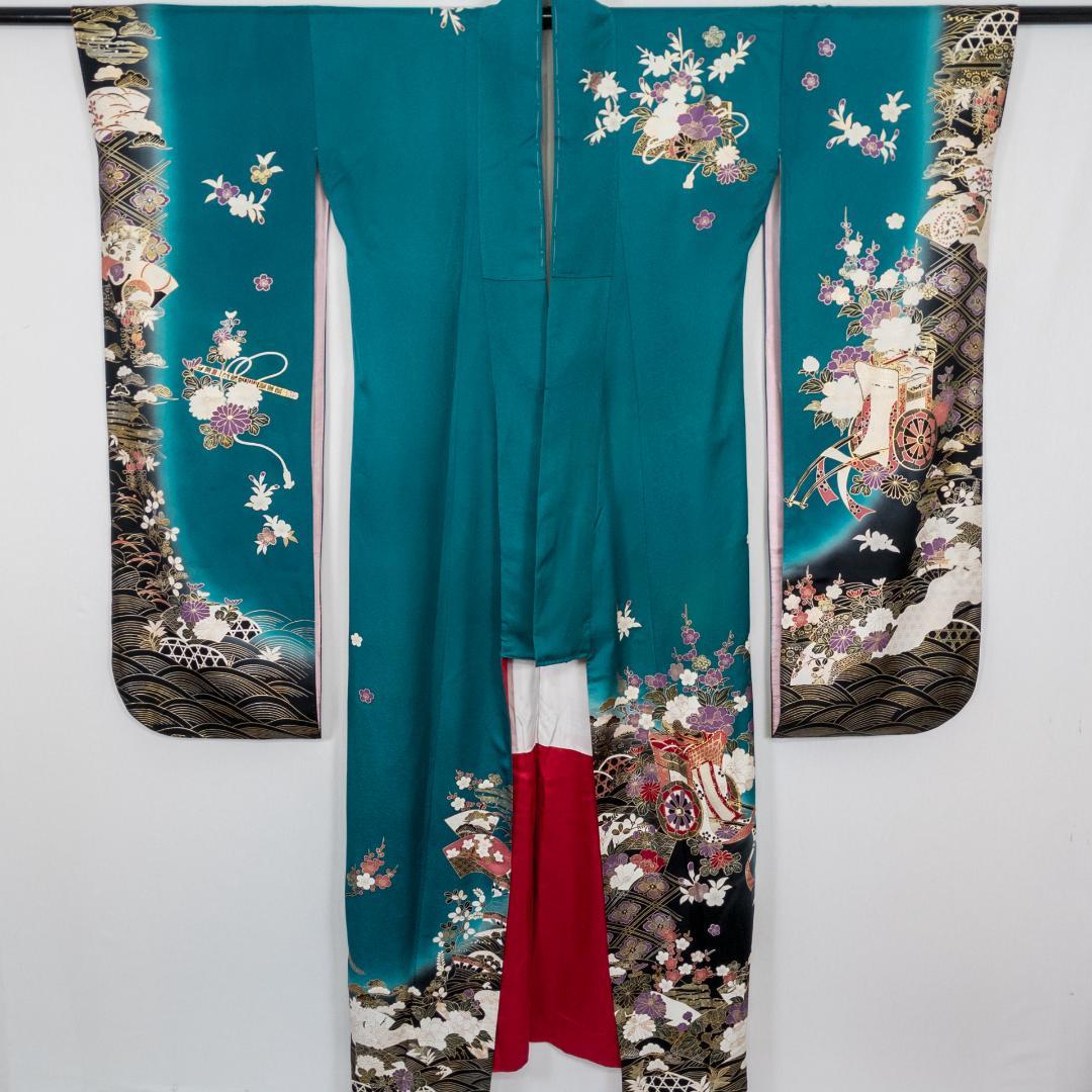 R7SK1329 振袖+帯 2点セット 花々 御所車 波 青緑 ゴールド 六通柄