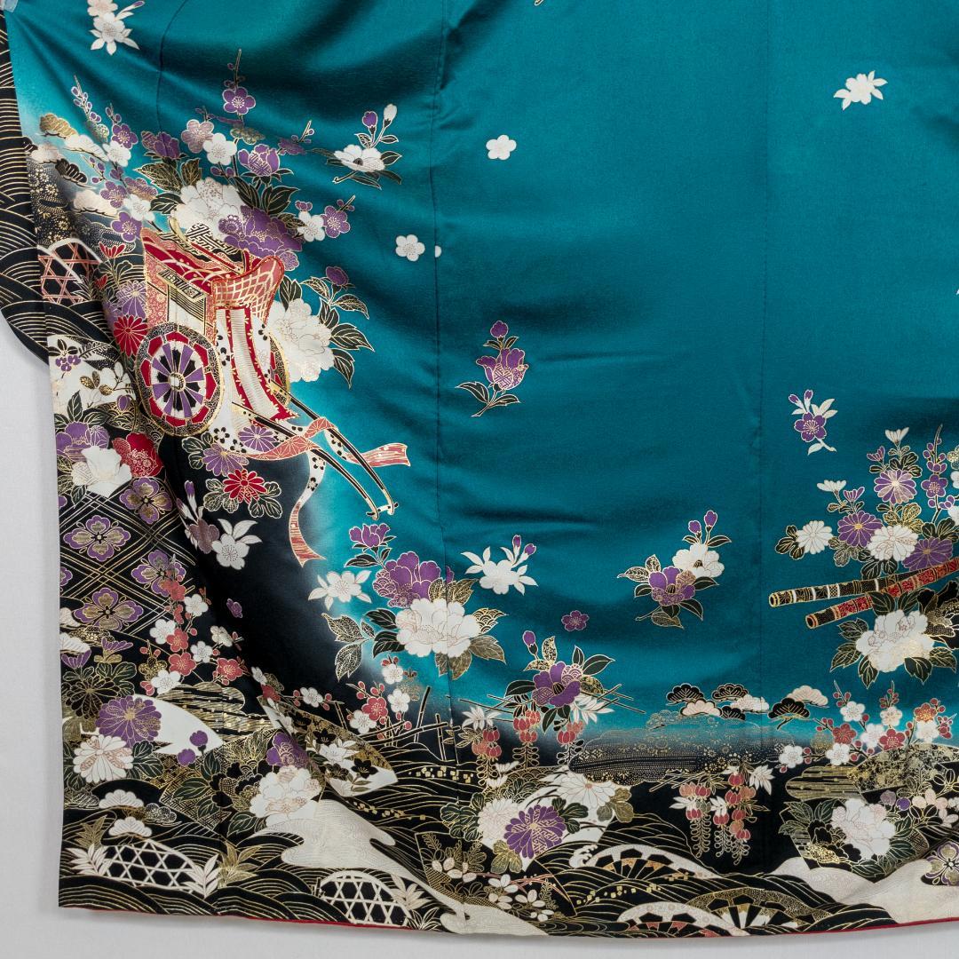 R7SK1329 振袖+帯 2点セット 花々 御所車 波 青緑 ゴールド 六通柄