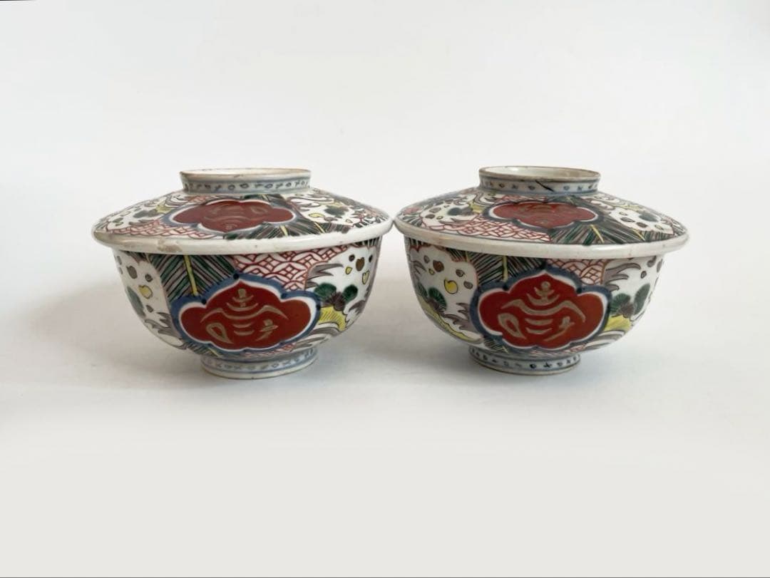 骨董　アンティーク　古伊万里　色絵　蓋付碗　煮物碗　飯碗　蓋茶碗　二客