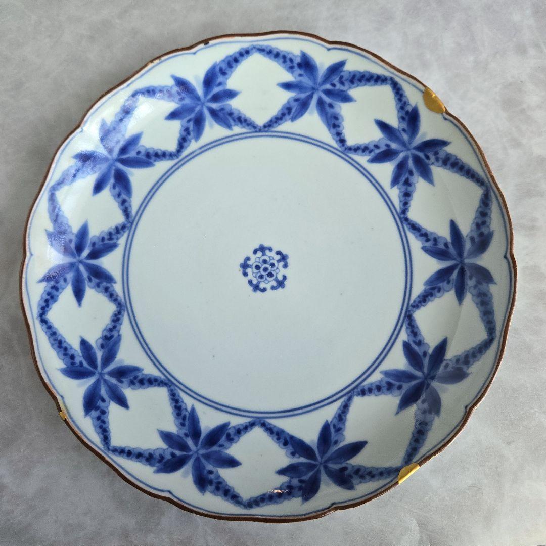 古伊万里　染付　七寸皿　藤　江戸時代　金直し　骨董　金継ぎ　アンティーク　五弁花