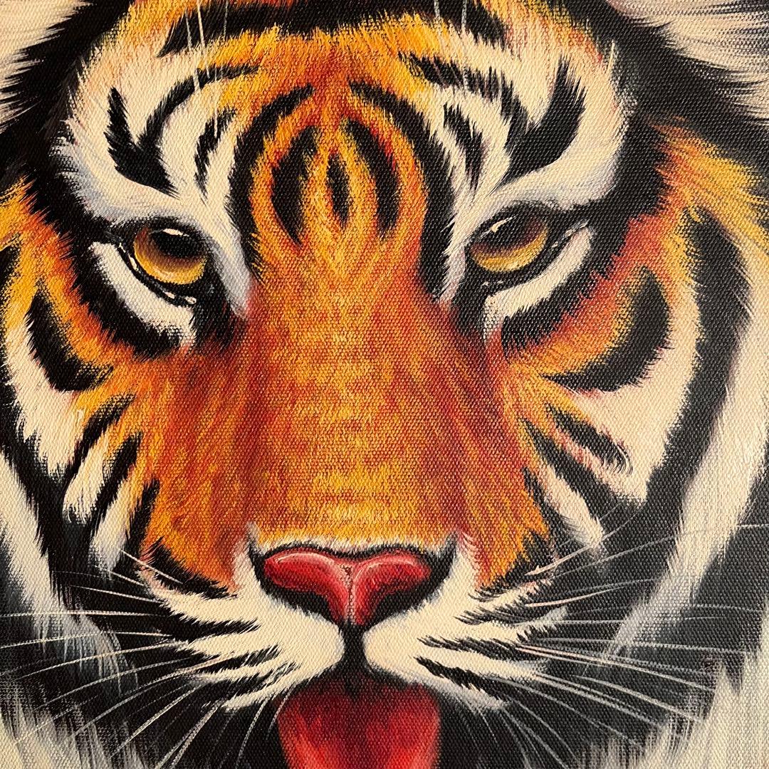★秀作★手書き油絵 タイガー（虎） 額付 絵画 インテリア 油彩画