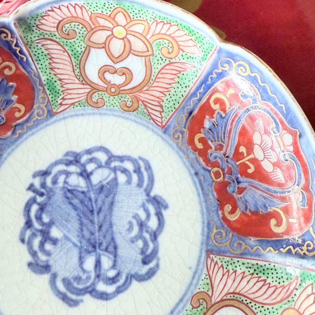 2208様感謝‼️明治27年‼️超絶伊万里錦手　軍配❌瓔珞文　輪花縁小皿5客高橋氏