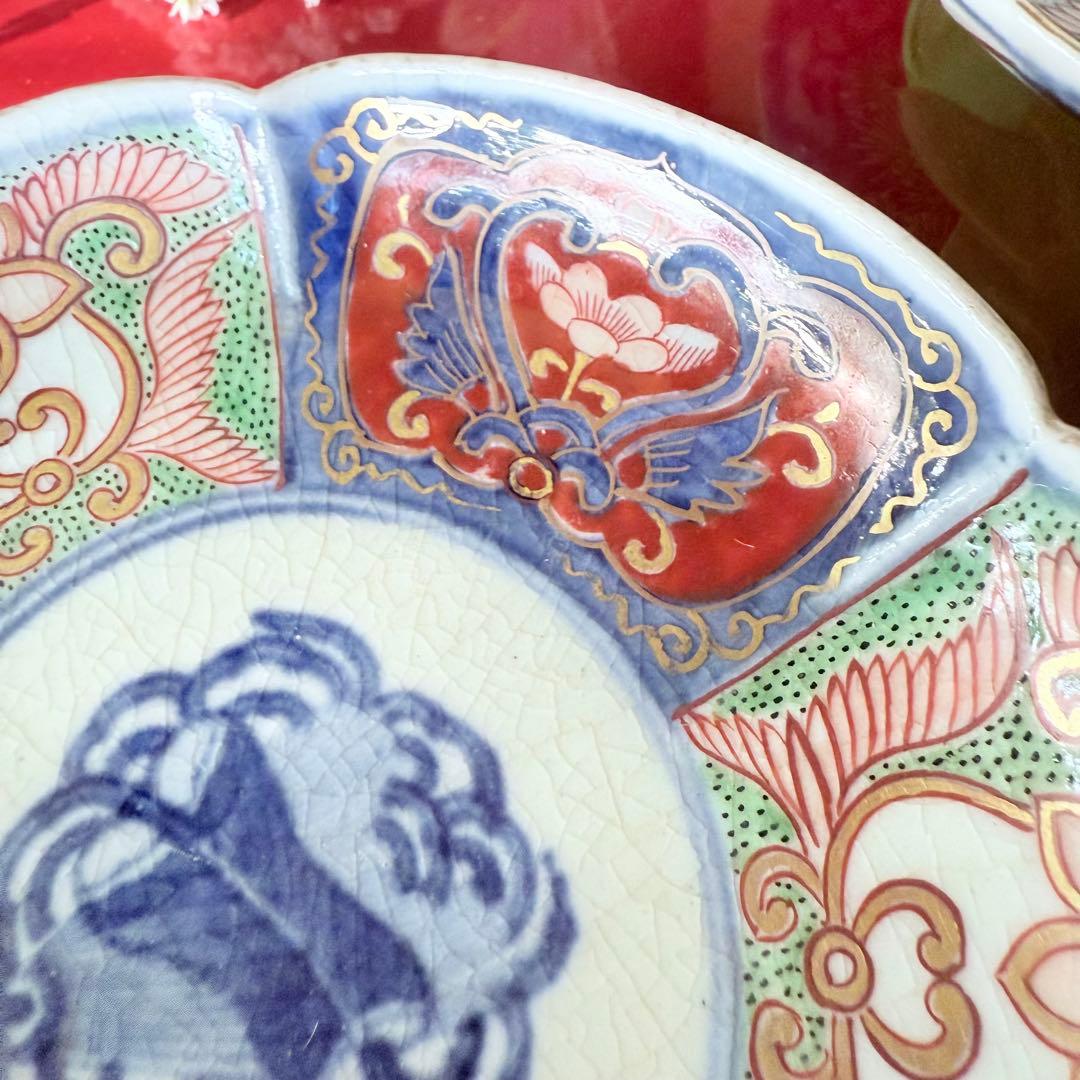 2208様感謝‼️明治27年‼️超絶伊万里錦手　軍配❌瓔珞文　輪花縁小皿5客高橋氏