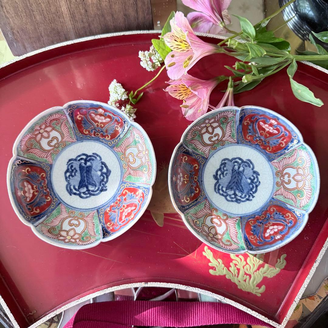 2208様感謝‼️明治27年‼️超絶伊万里錦手　軍配❌瓔珞文　輪花縁小皿5客高橋氏