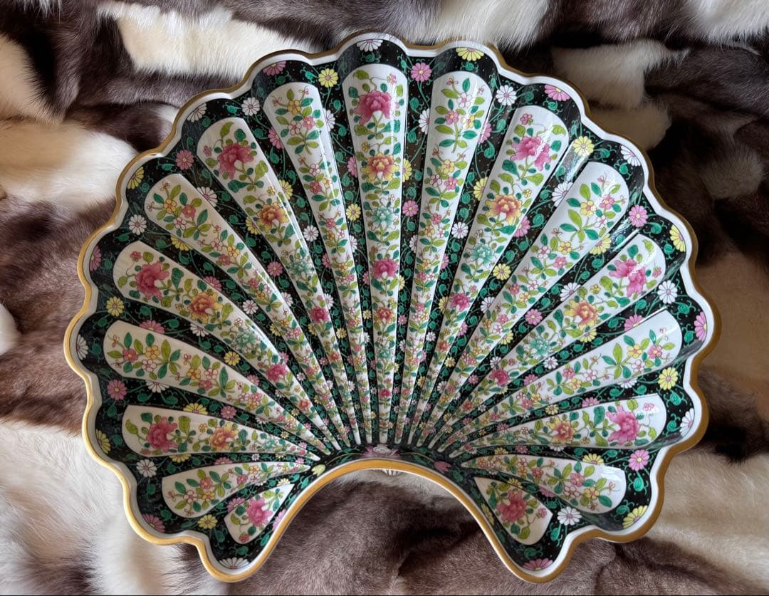 HERENDヘレンド　西安の黒　41cm 脚付き貝形大鉢シェルトレイ　マンダリン