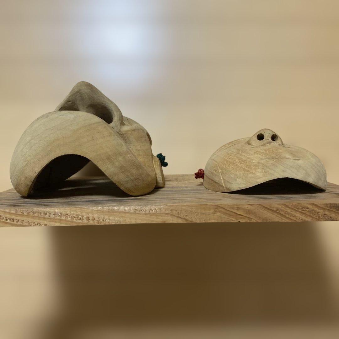 木製 神楽面 鬼面と笑顔の面