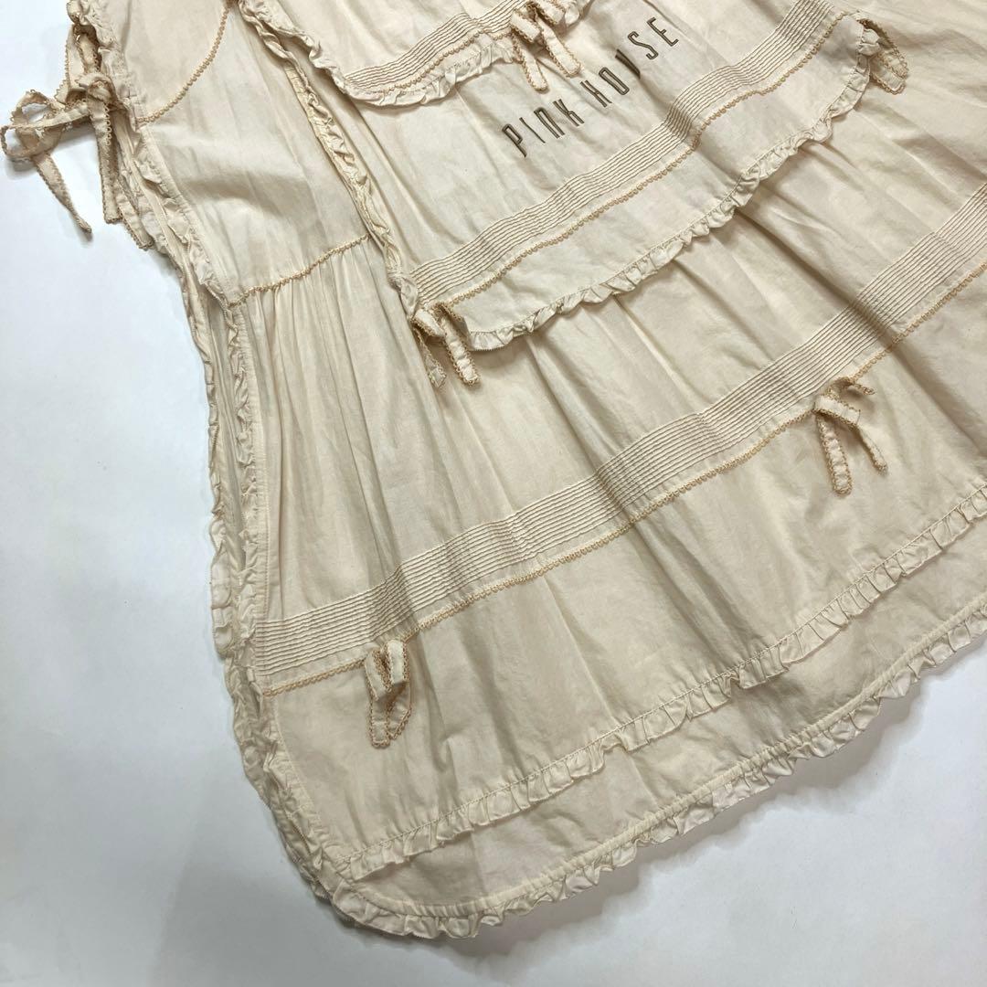 か*様 【美品】ピンクハウス 生成 ピコフリル ロゴ刺繍使い 綿ローンタブリエ
