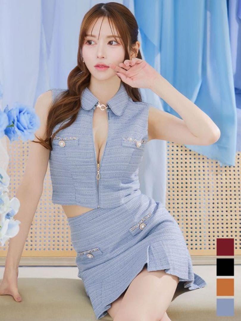 JEWELS マーメイドツイードパールボタンドレス ブルー