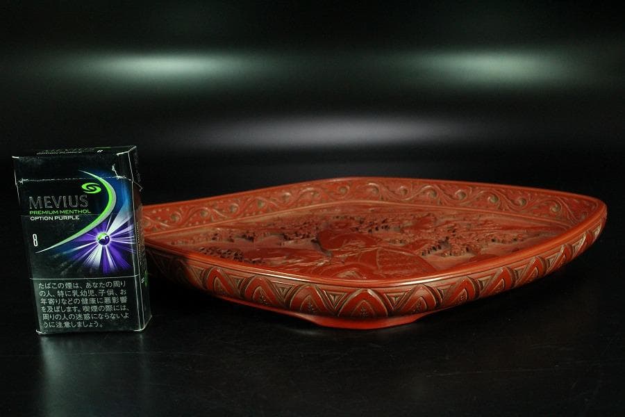 仿古 堆朱 刻 梅下女人紋 菱盆(K-LC479)