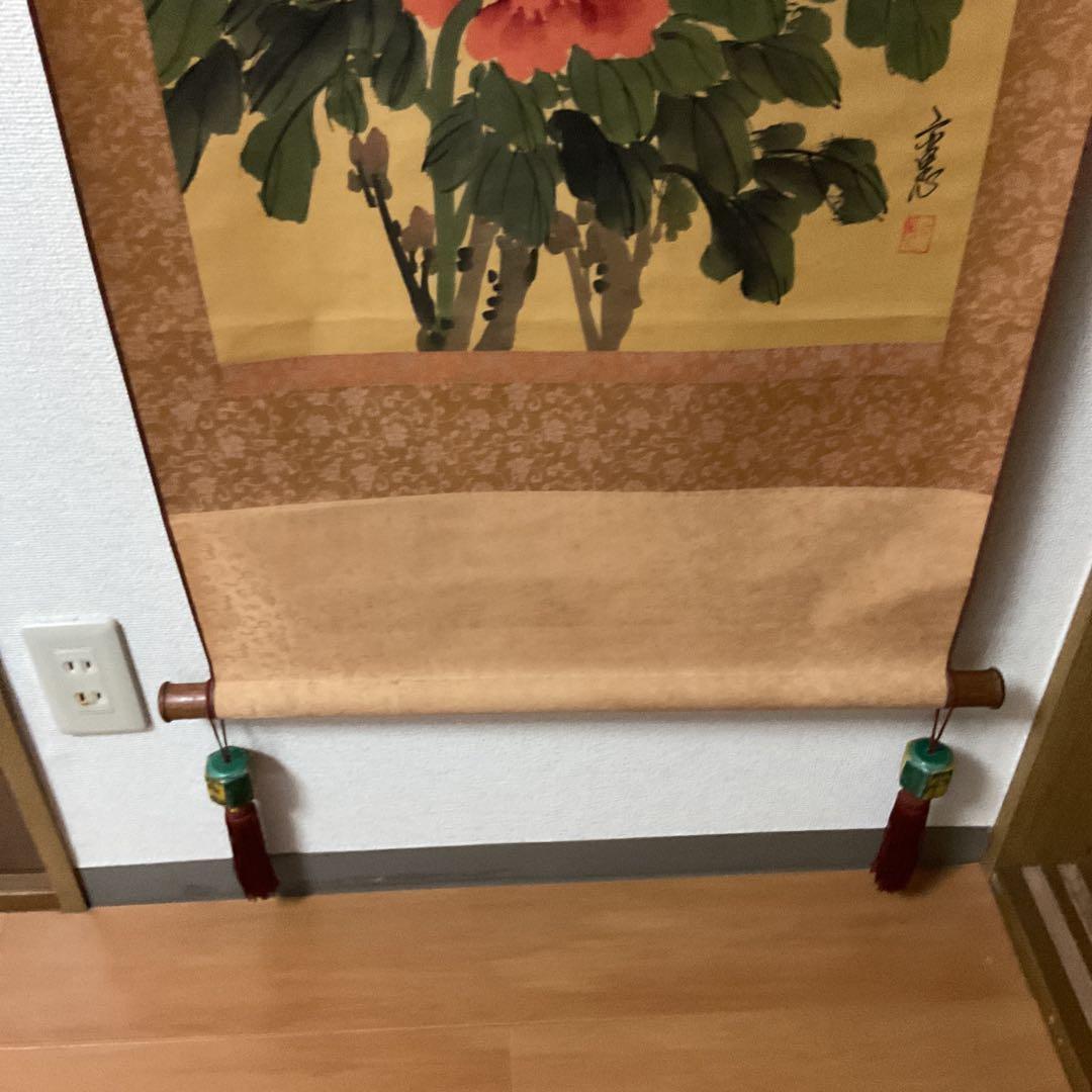 彩色画 絹本 作者不詳 花鳥画【牡丹に雀図】