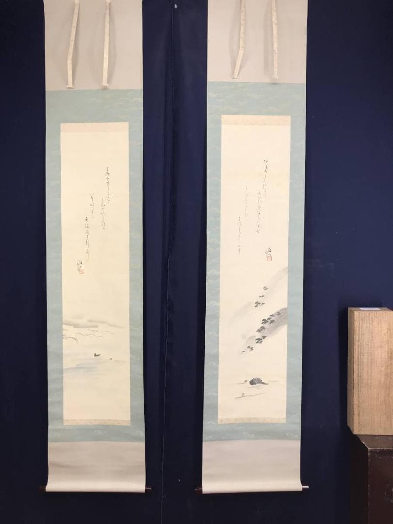 【真作】俊明/雪汀双鶴/保津川下り画詩/2-2/花鳥図/掛軸☆宝船☆AD-408