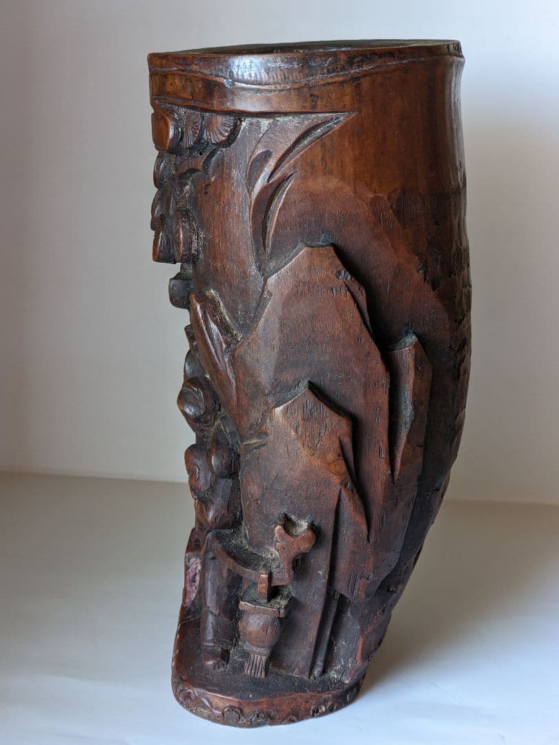 ♦古玩 古美術品 文房四宝 竹根 楼閣山水人物図 筆筒 中国清時代 骨董品書道具