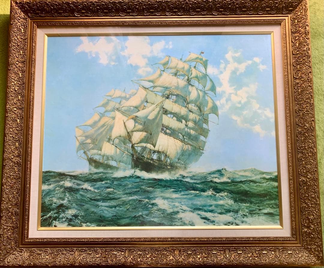 【送料無料】油彩画 美術 インテリア 風景画 海上の帆船 額縁 94×82センチ