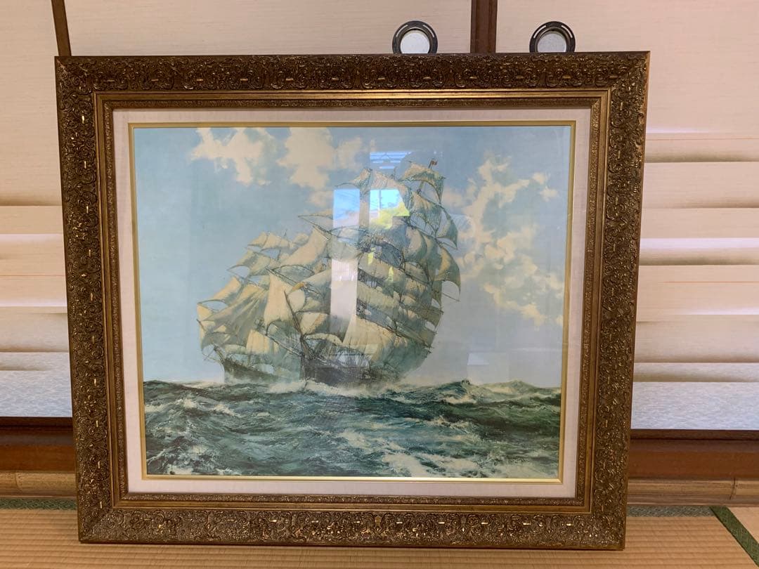 【送料無料】油彩画 美術 インテリア 風景画 海上の帆船 額縁 94×82センチ