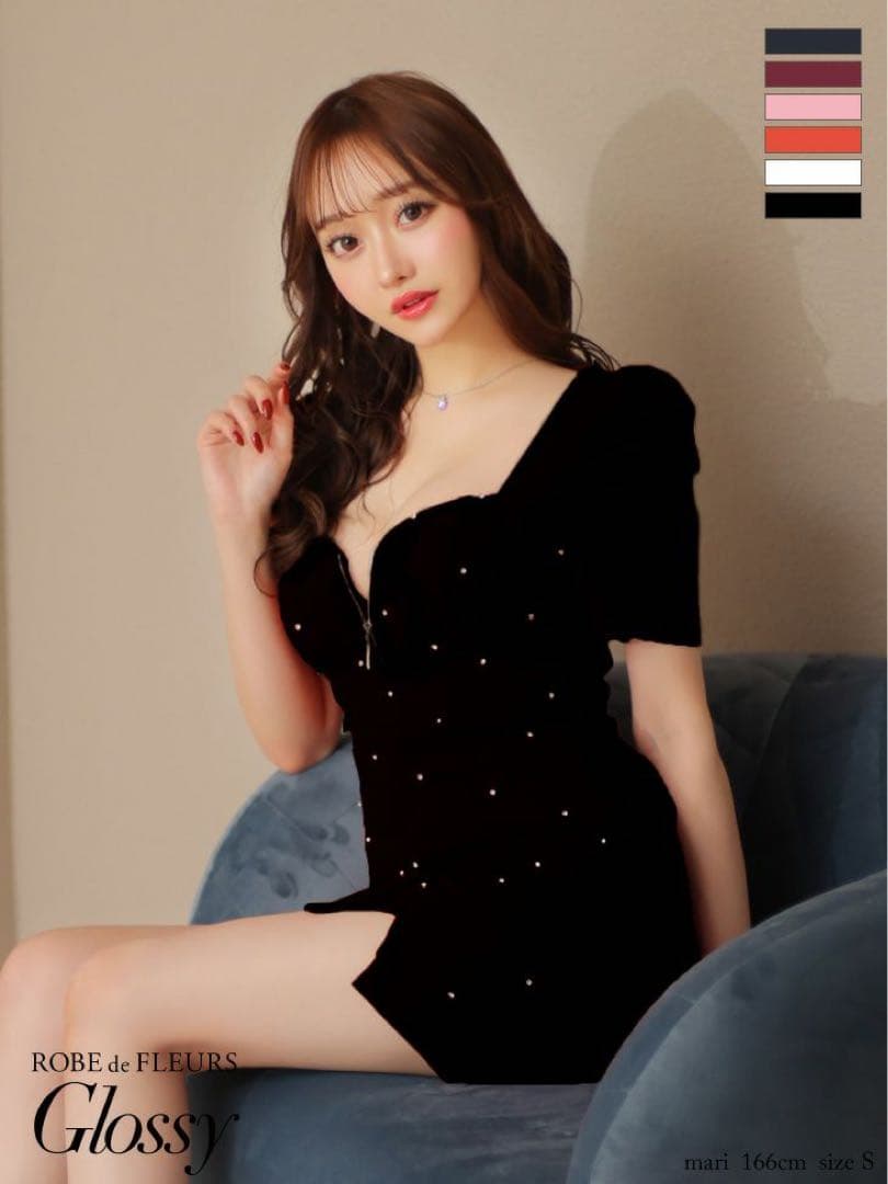 ブラック ROBE de FLEURS 半袖 タイトミニドレス(GL3154)